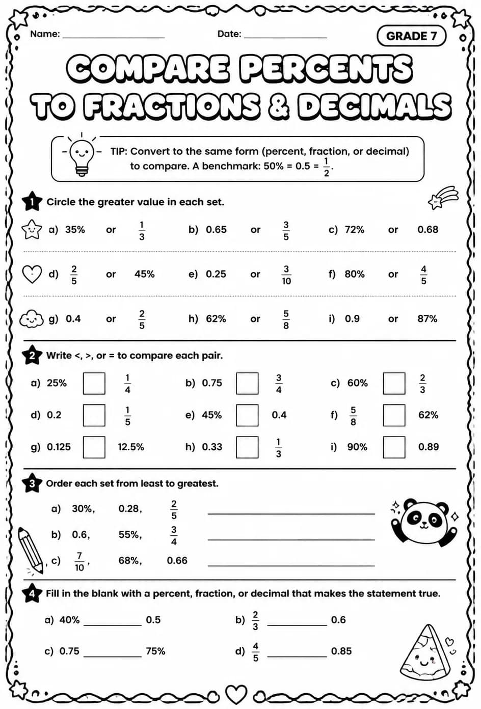 Compare percents to fractions and decimals — free printable Grade 7 math worksheet