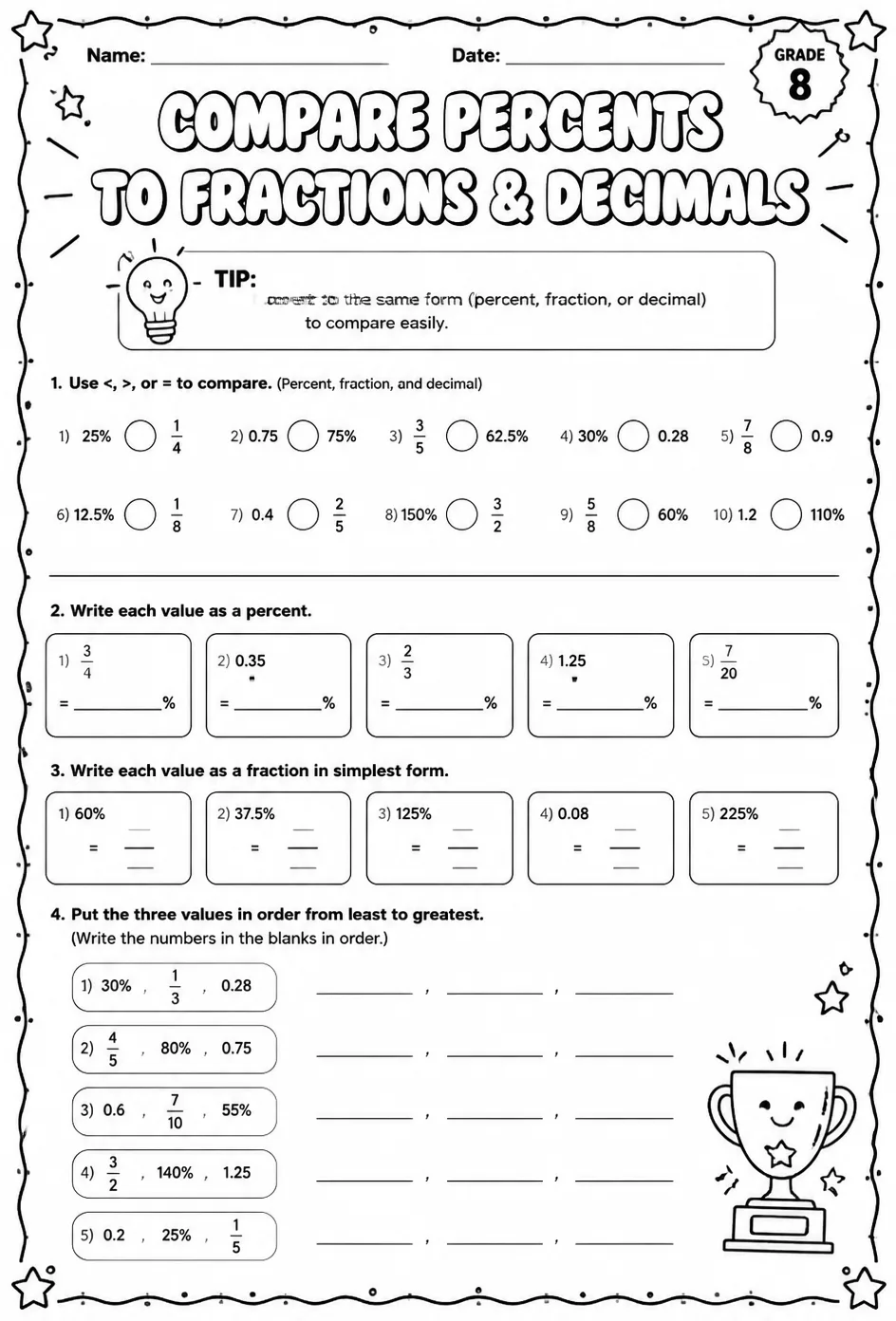 Compare percents to fractions and decimals — free printable Grade 8 math worksheet
