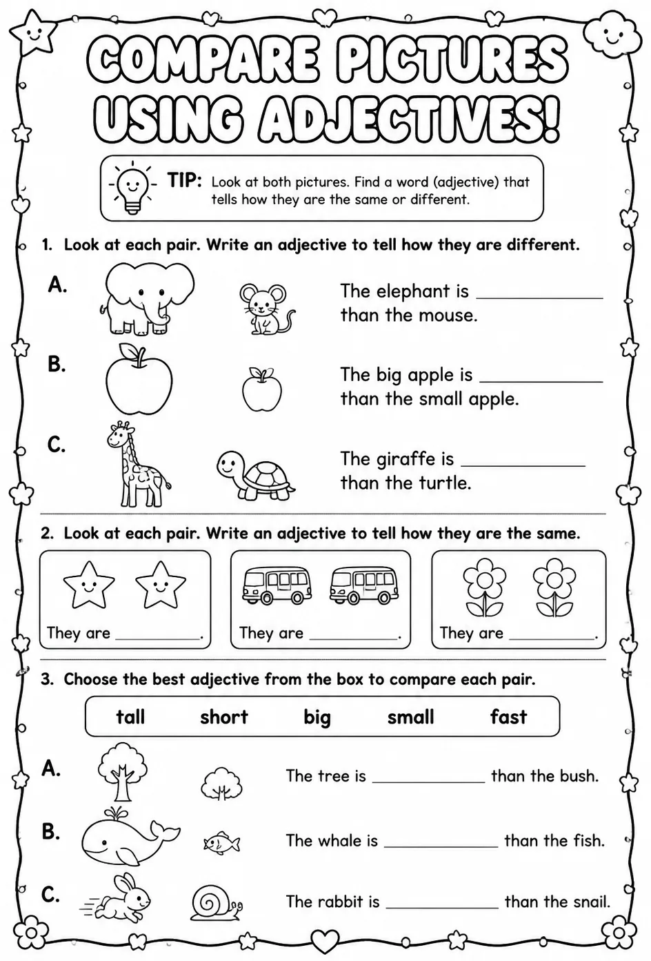 Compare pictures using adjectives — free printable Kindergarten English & Reading worksheet