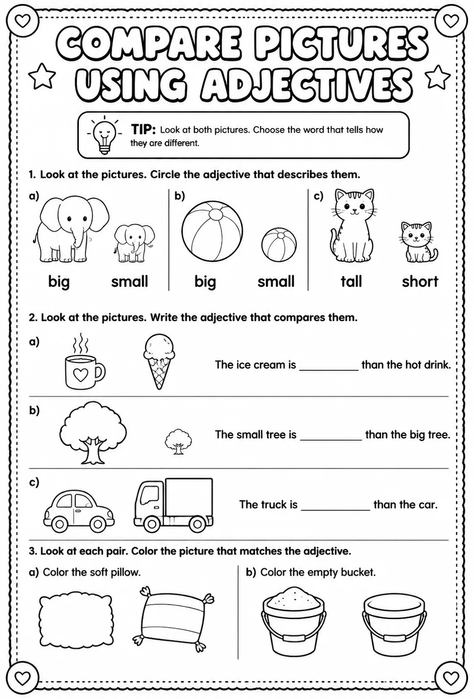 Compare pictures using adjectives — free printable Pre-K English & Reading worksheet