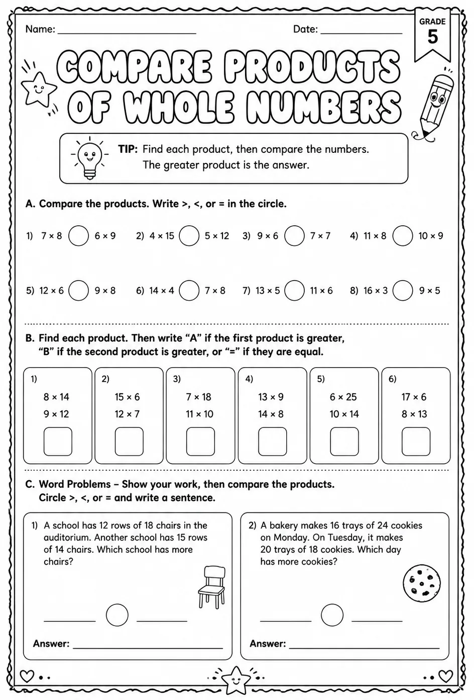 Compare products of whole numbers — free printable Grade 5 math worksheet