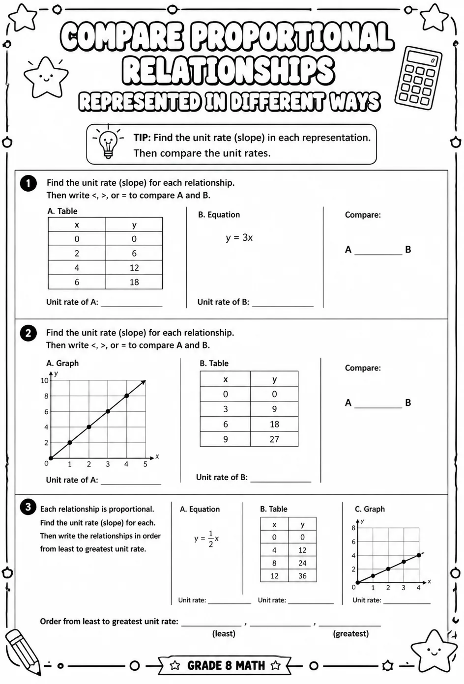 Compare proportional relationships represented in different ways — free printable Grade 8 math worksheet