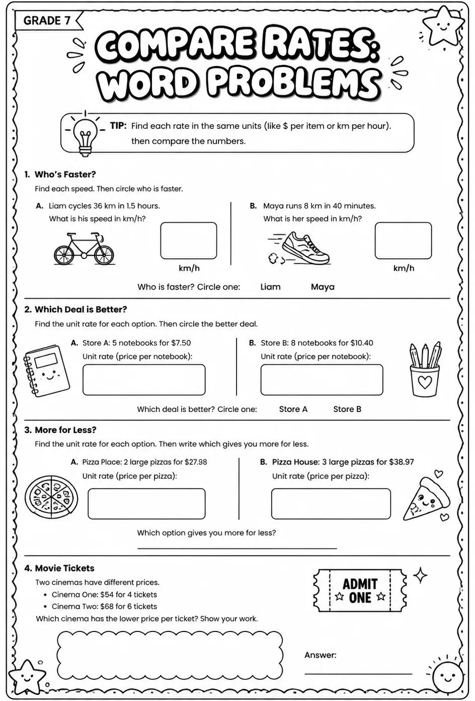 Compare rates: word problems — free printable Grade 7 math worksheet