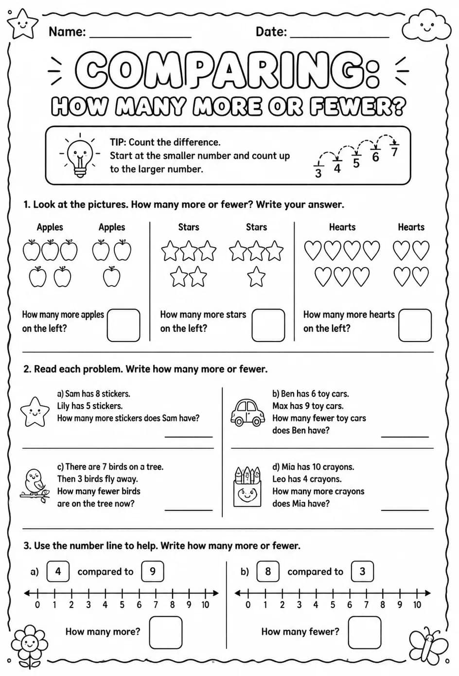 Comparing: how many more or fewer? — free printable Grade 1 math worksheet