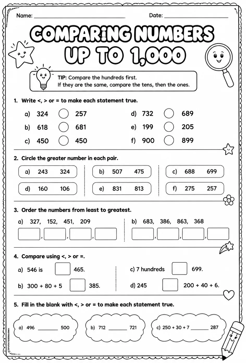 Comparing numbers up to 1,000 — free printable Grade 2 math worksheet