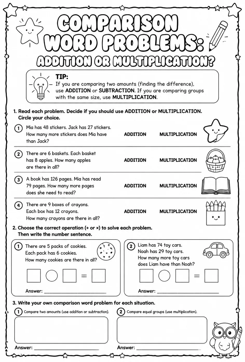 Comparison word problems: addition or multiplication? — free printable Grade 4 math worksheet