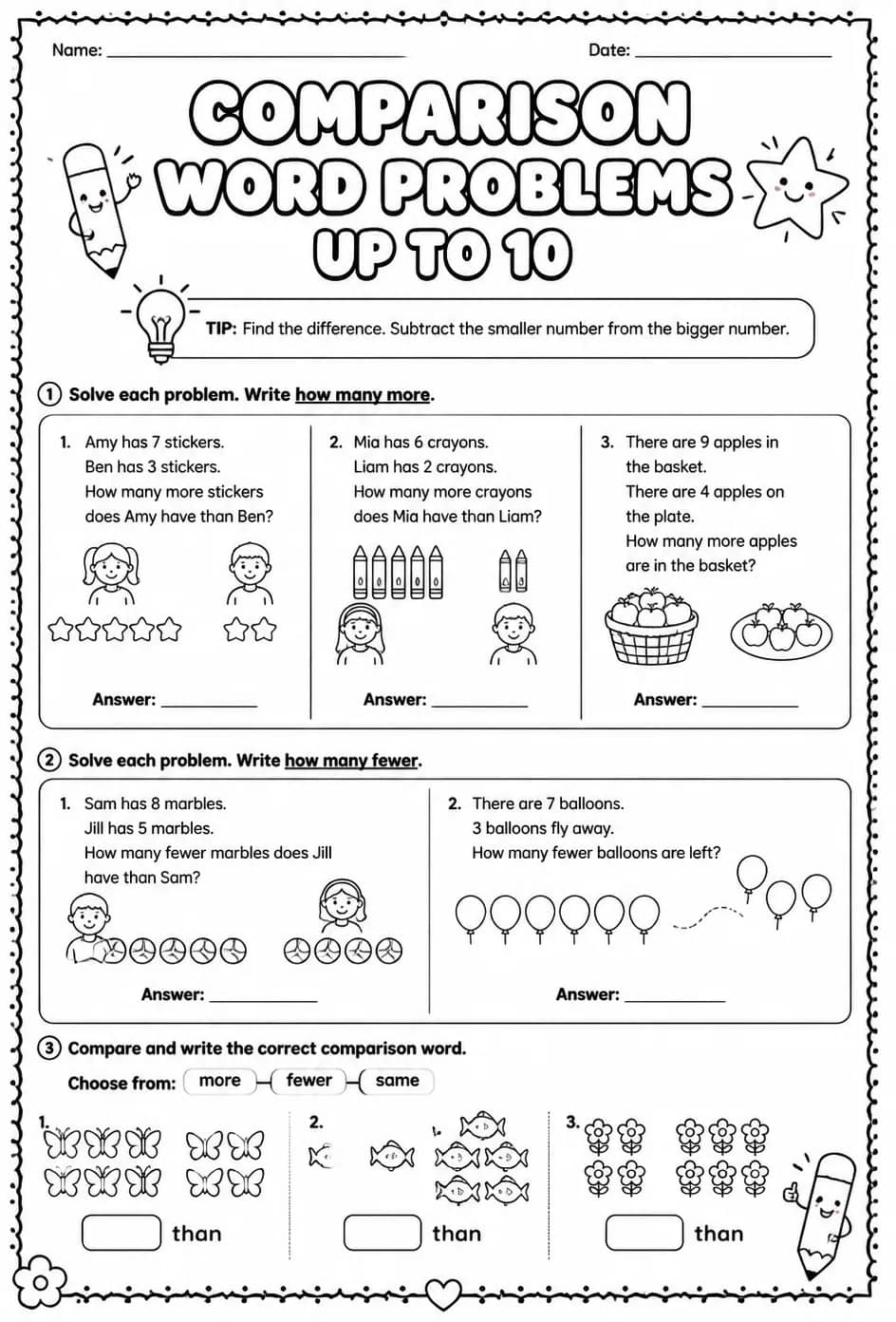 Comparison word problems up to 10 — free printable Grade 1 math worksheet