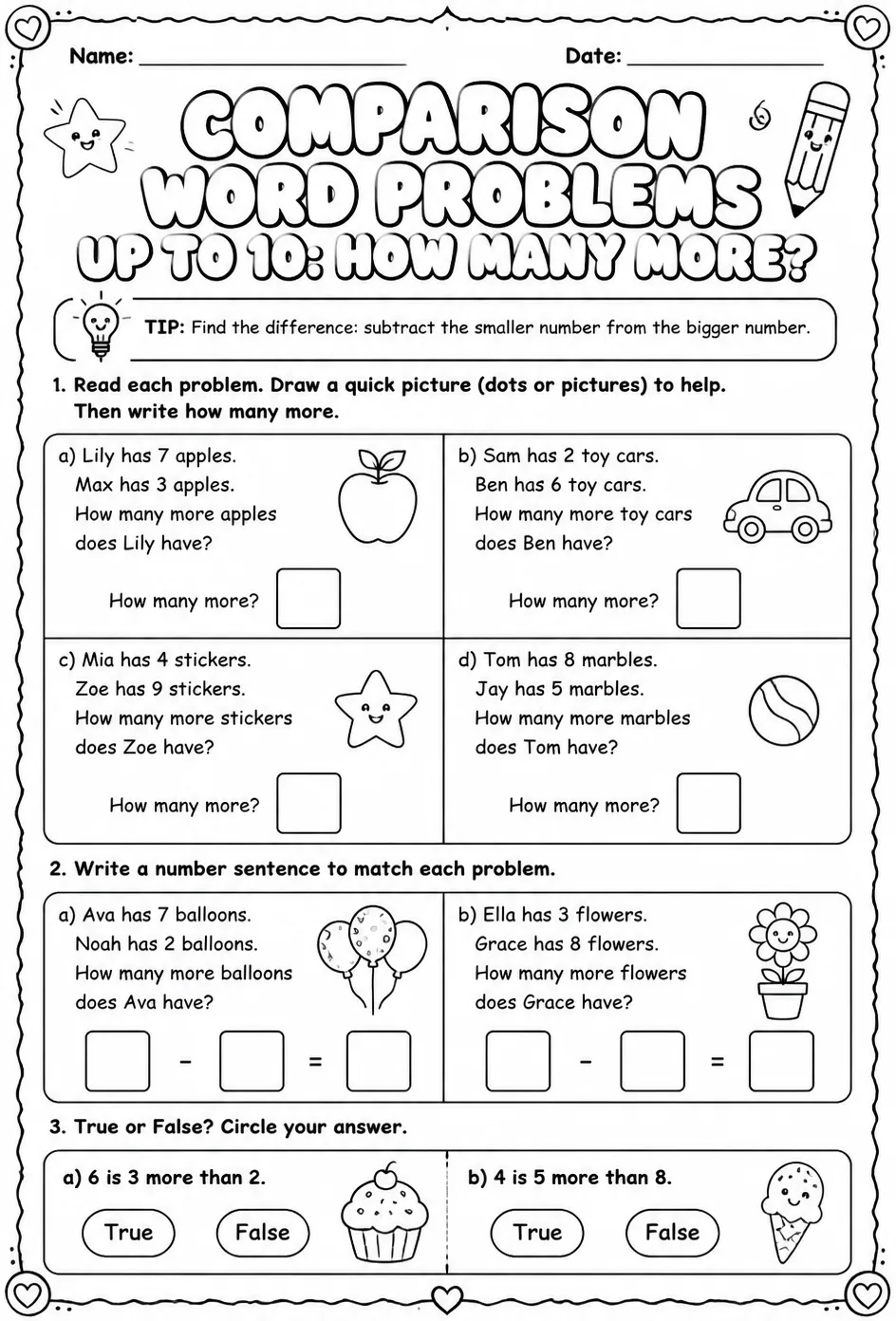 Comparison word problems up to 10: how many more? — free printable Grade 1 math worksheet