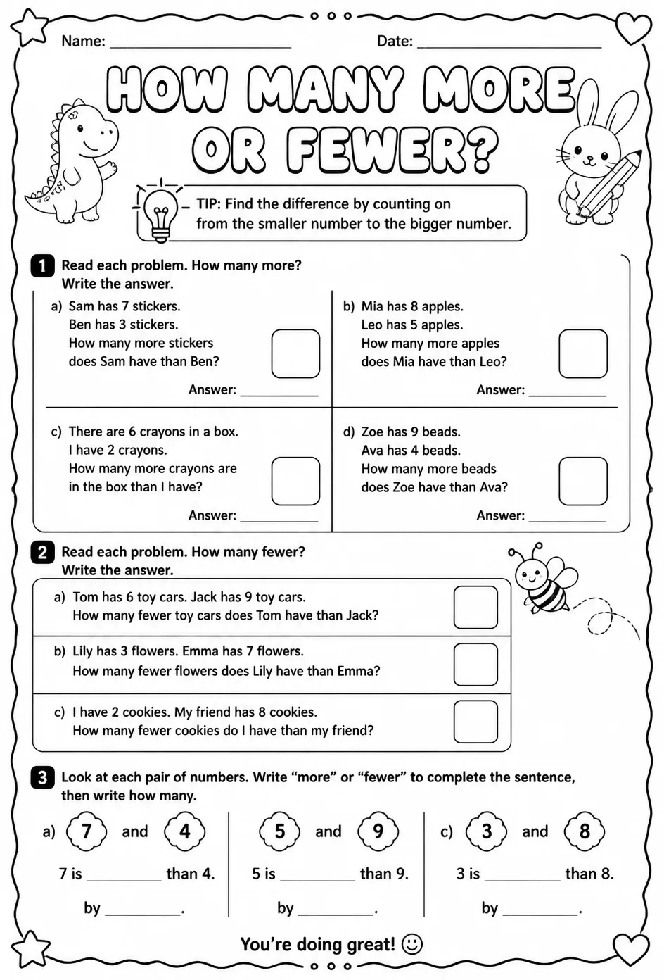 Comparison word problems up to 10: how many more or fewer? — free printable Grade 1 math worksheet