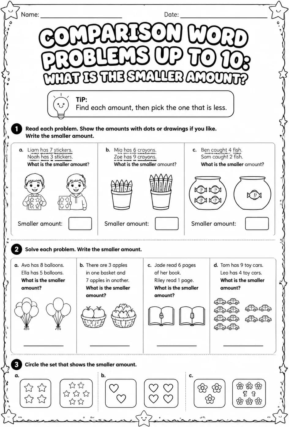 Comparison word problems up to 10: what is the smaller amount? — free printable Grade 1 math worksheet