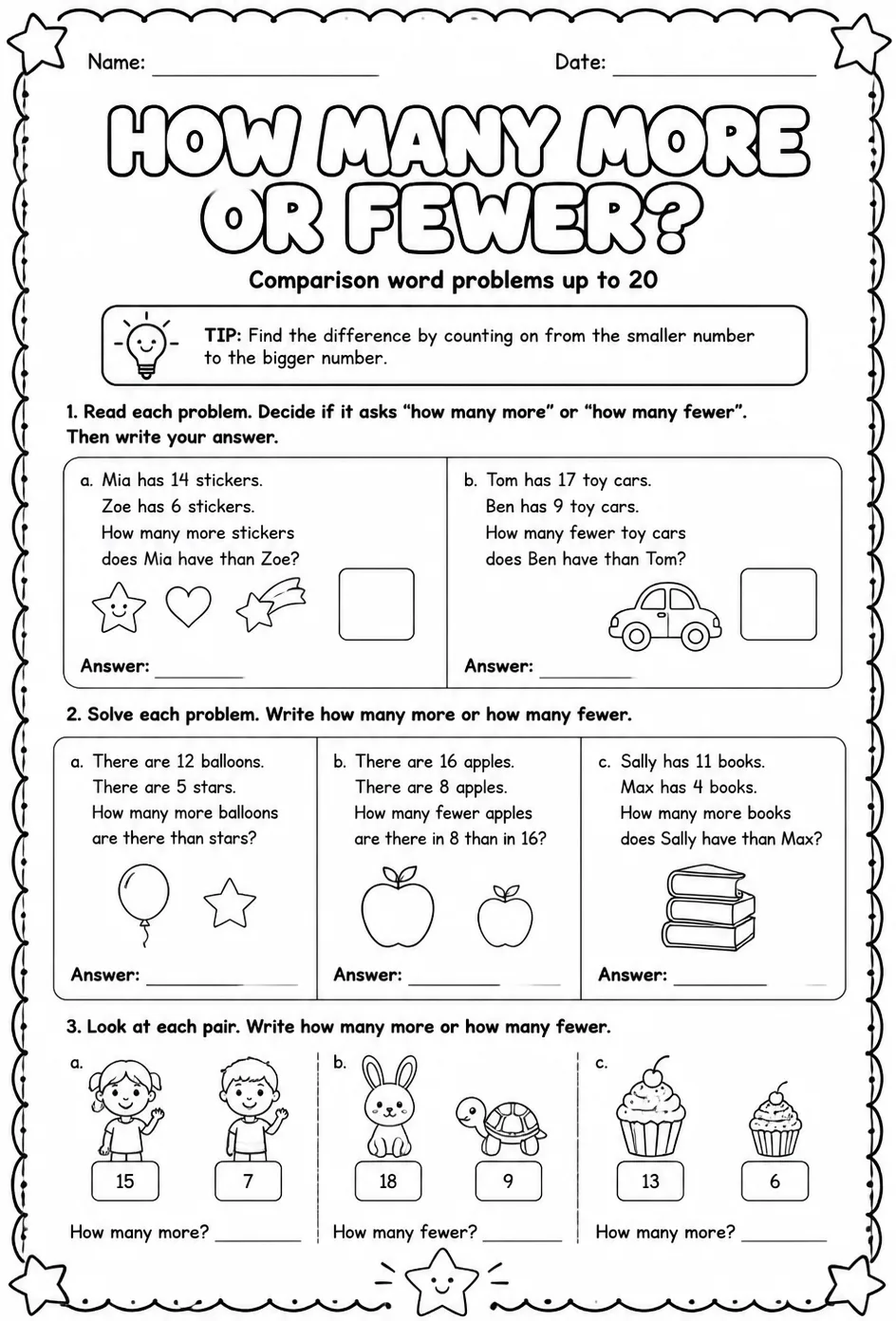 Comparison word problems up to 20: how many more or fewer? — free printable Grade 1 math worksheet