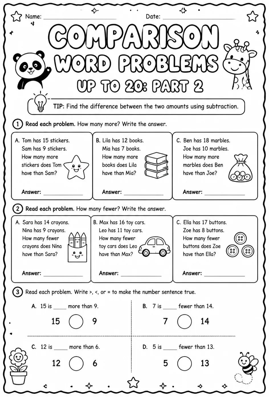 Comparison word problems up to 20: part 2 — free printable Grade 1 math worksheet