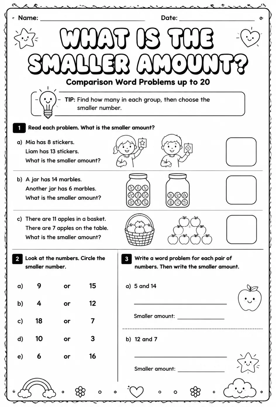 Comparison word problems up to 20: what is the smaller amount? — free printable Grade 1 math worksheet