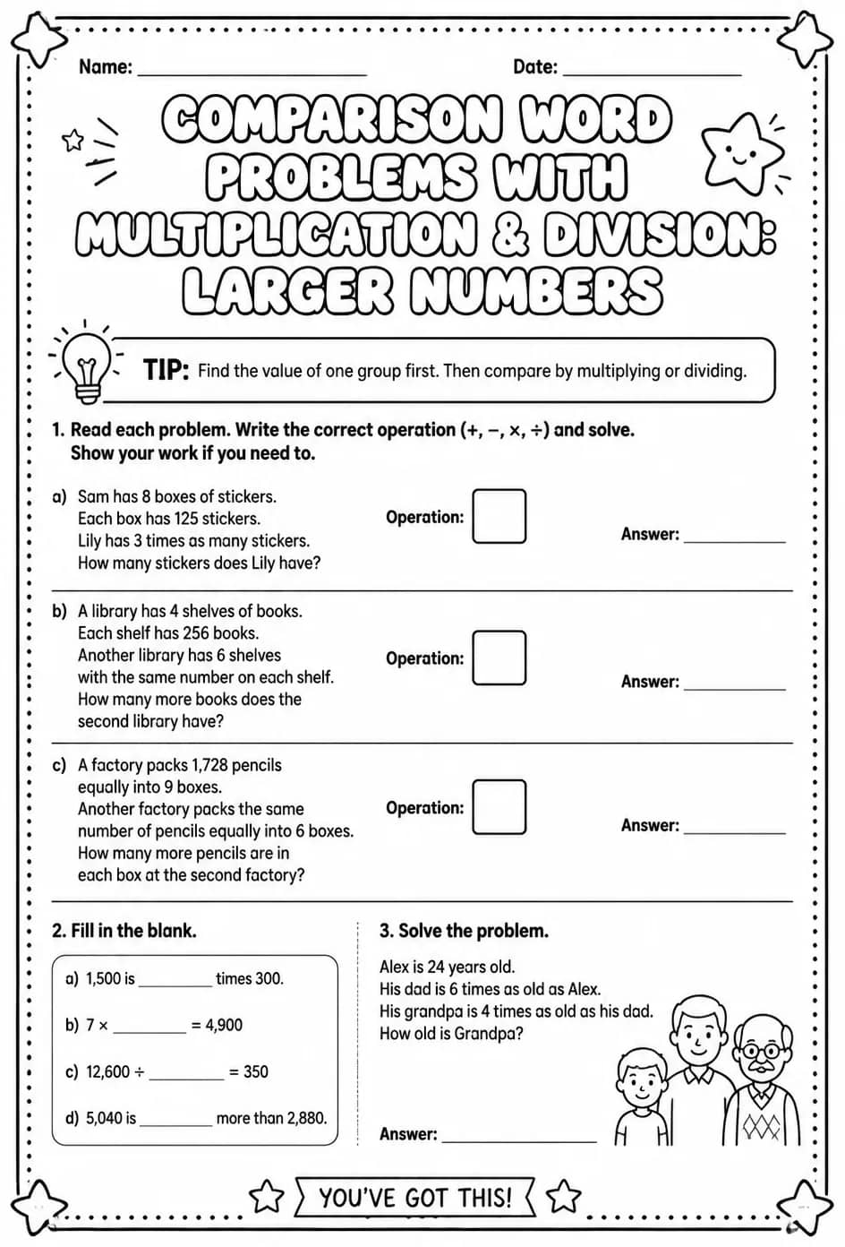 Comparison word problems with multiplication and division: larger numbers — free printable Grade 4 math worksheet