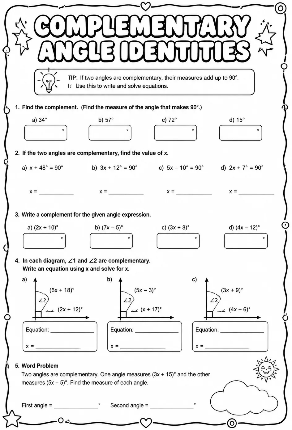 Complementary angle identities — free printable Algebra 2 math worksheet