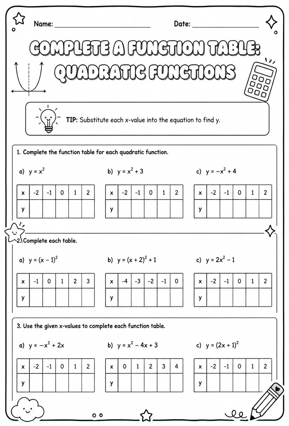 Complete a function table: quadratic functions — free printable Algebra 1 math worksheet