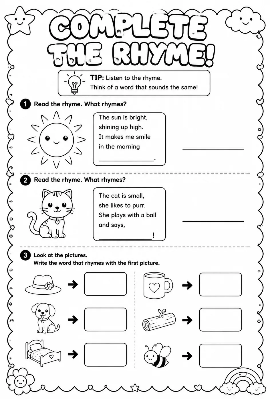 Complete the rhyme — free printable Reading foundations English worksheet