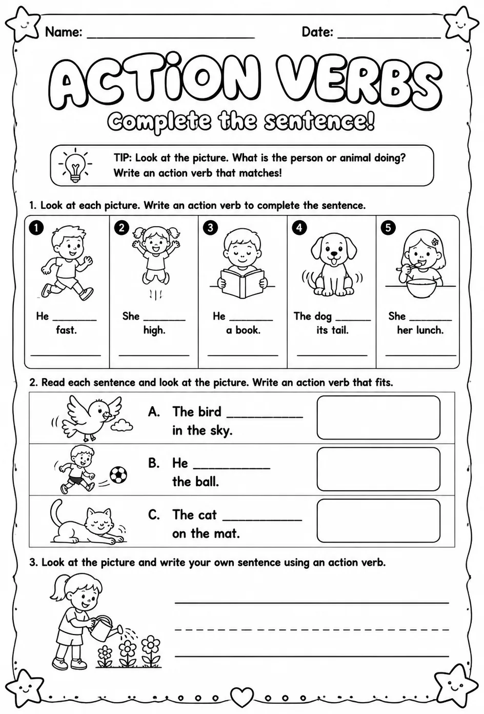 Complete the sentence with an action verb to match the picture — free printable Kindergarten English & Reading worksheet