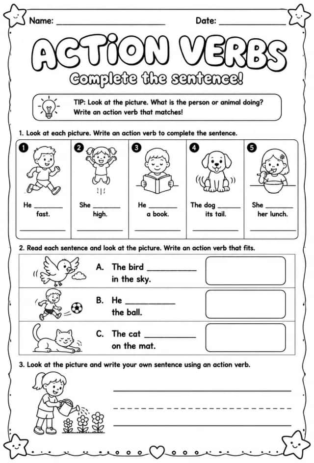 Complete the sentence with an action verb to match the picture