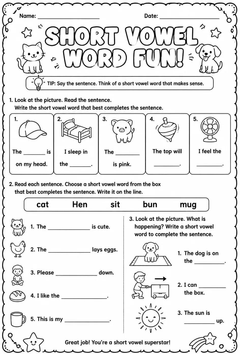 Complete the sentence with the correct short vowel word — free printable Reading foundations English worksheet
