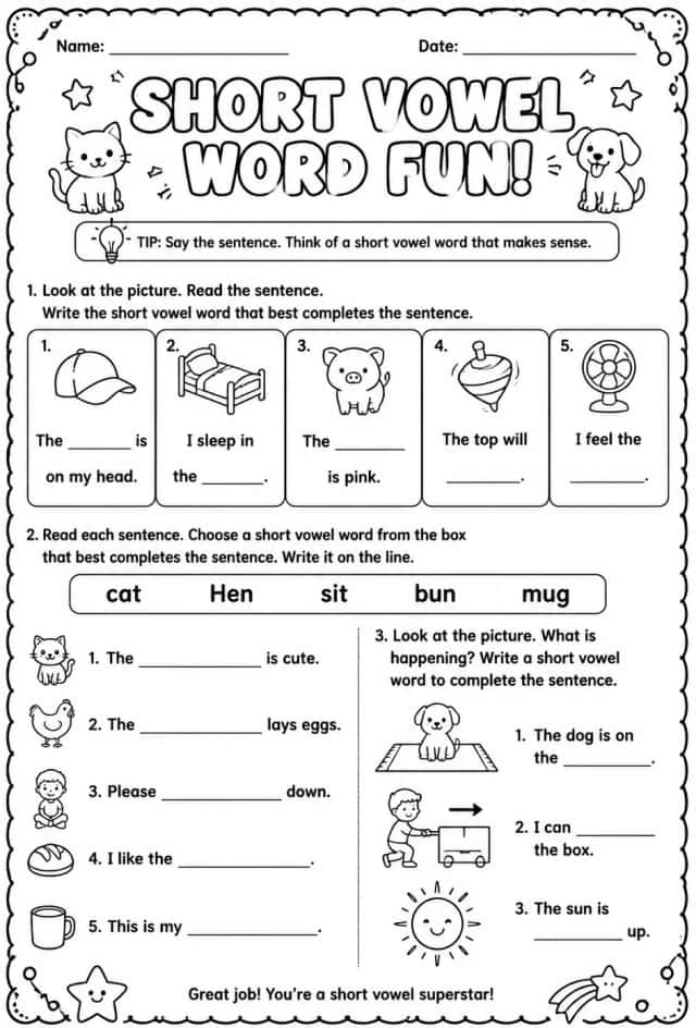 Complete the sentence with the correct short vowel word
