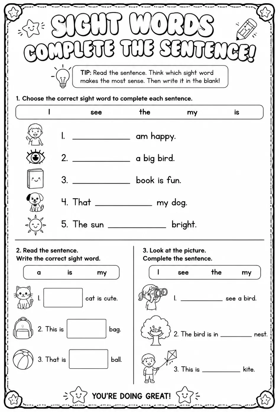 Complete the sentence with the correct sight word — free printable Kindergarten English & Reading worksheet