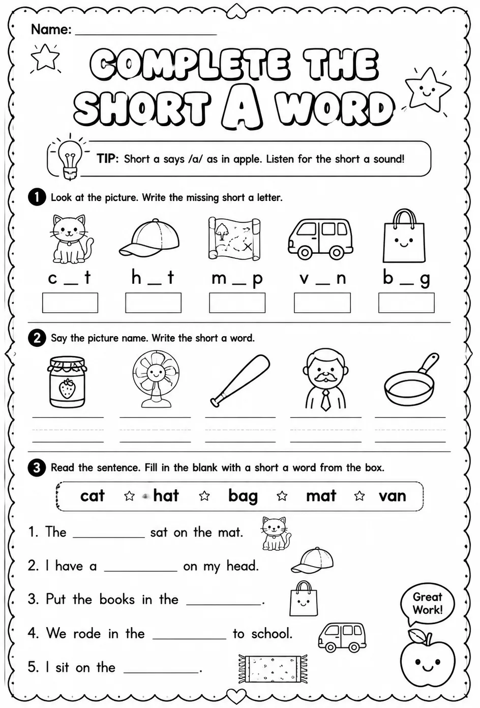 Complete the short a word — free printable Reading foundations English worksheet