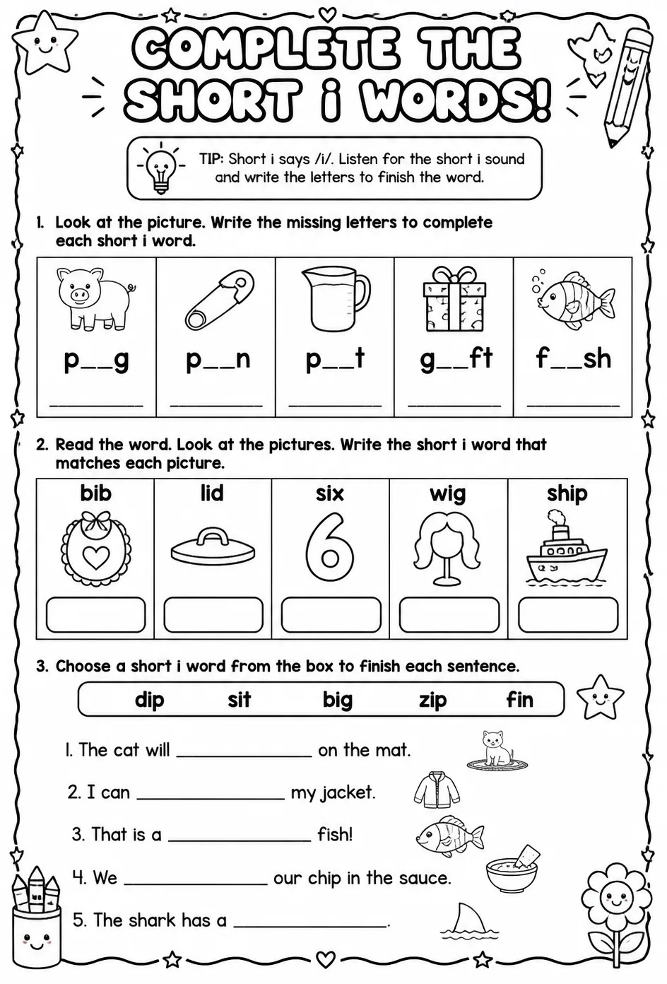Complete the short i words — free printable Reading foundations English worksheet
