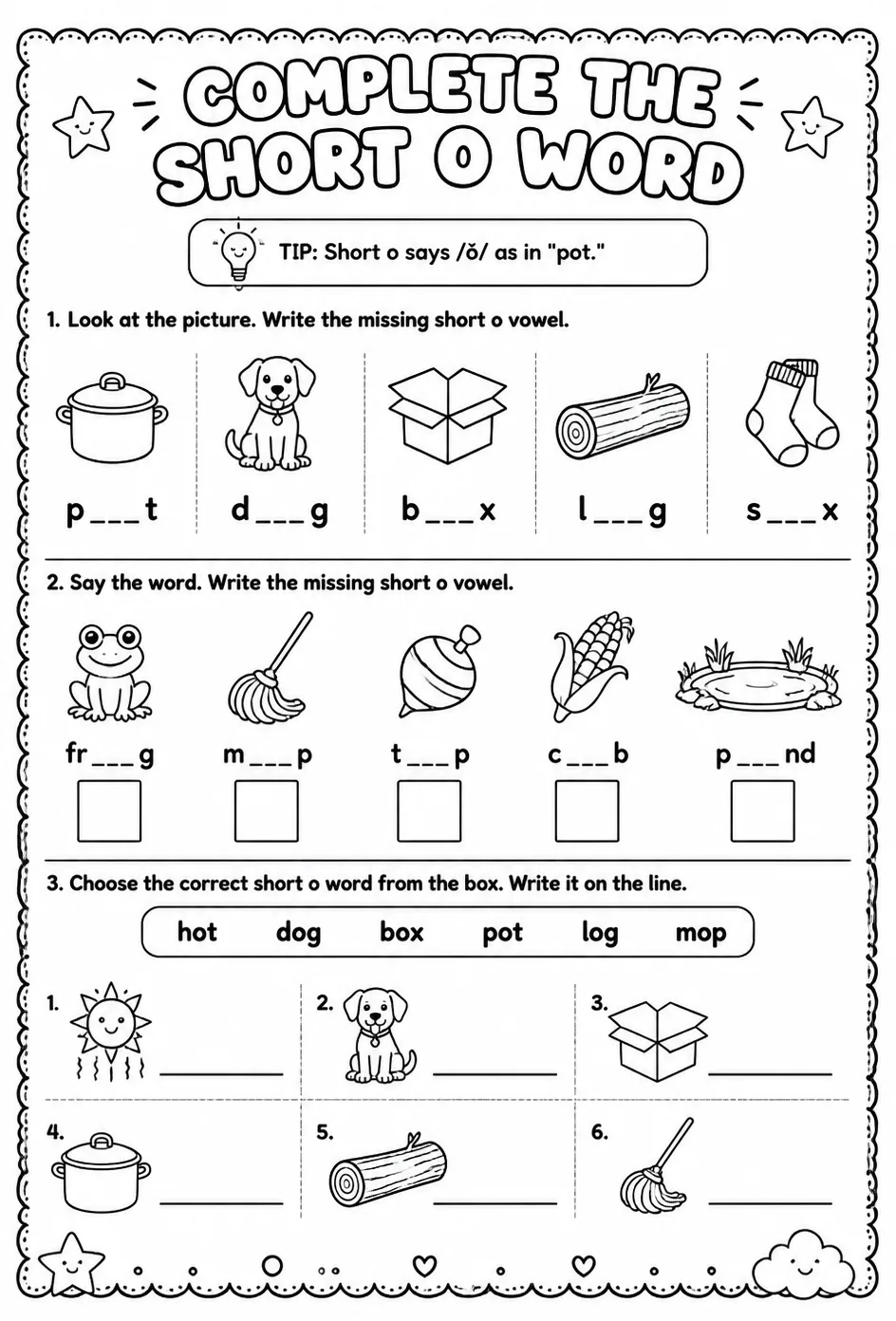 Complete the short o word — free printable Reading foundations English worksheet