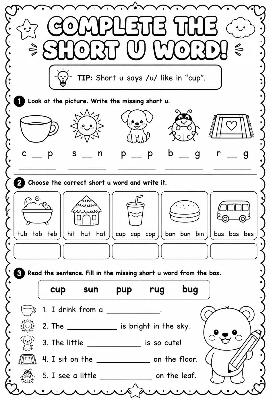 Complete the short u word — free printable Reading foundations English worksheet