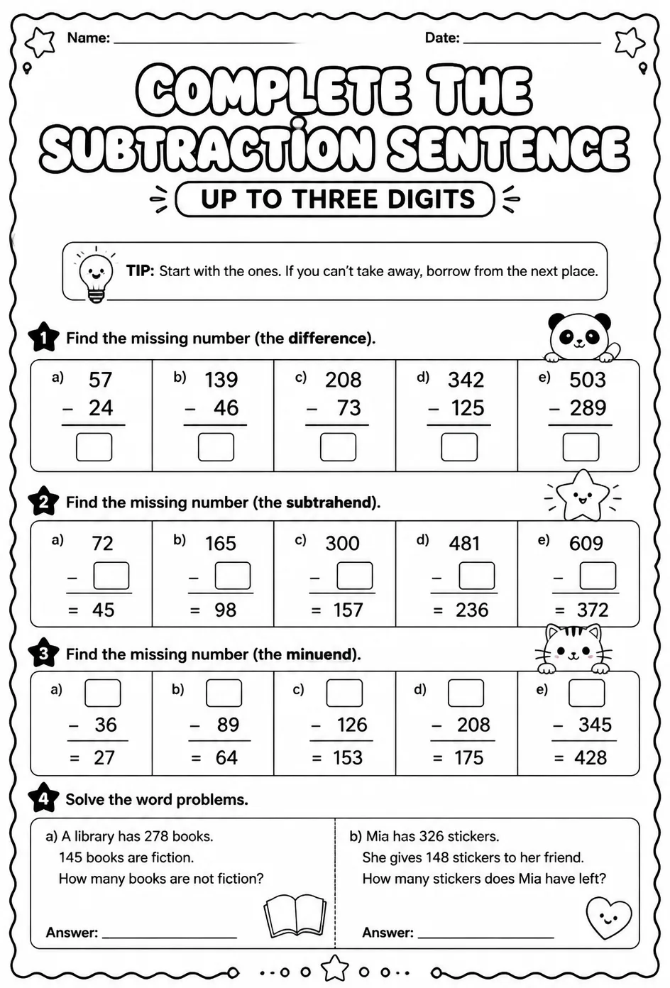 Complete the subtraction sentence: up to three digits — free printable Grade 3 math worksheet