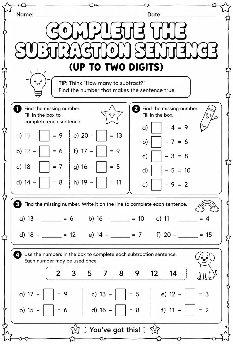 Complete the subtraction sentence - up to two digits — free printable Grade 2 math worksheet