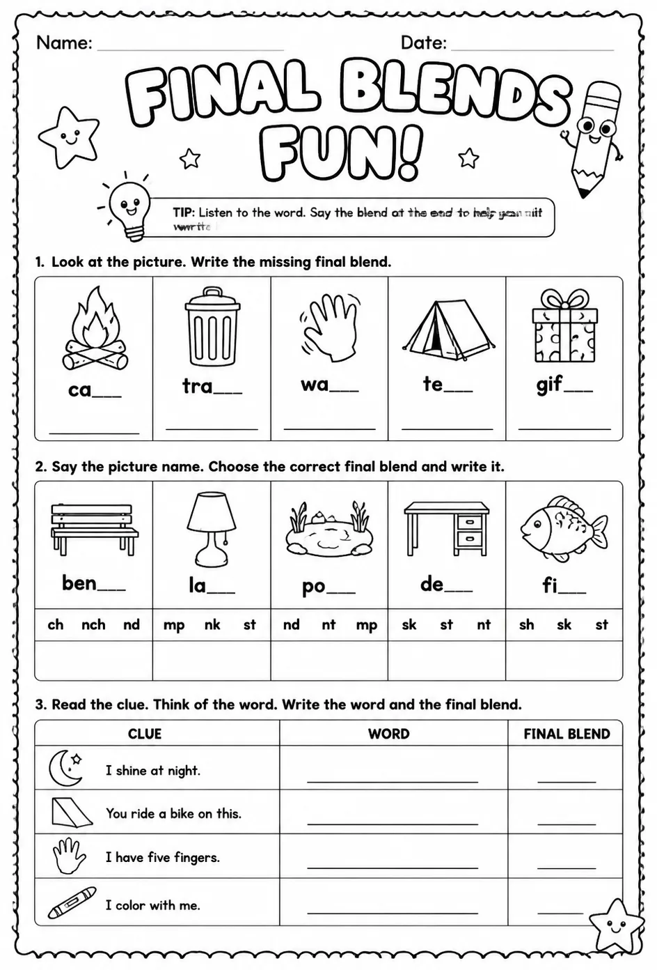 Complete the word with the right final consonant blend — free printable Reading foundations English worksheet