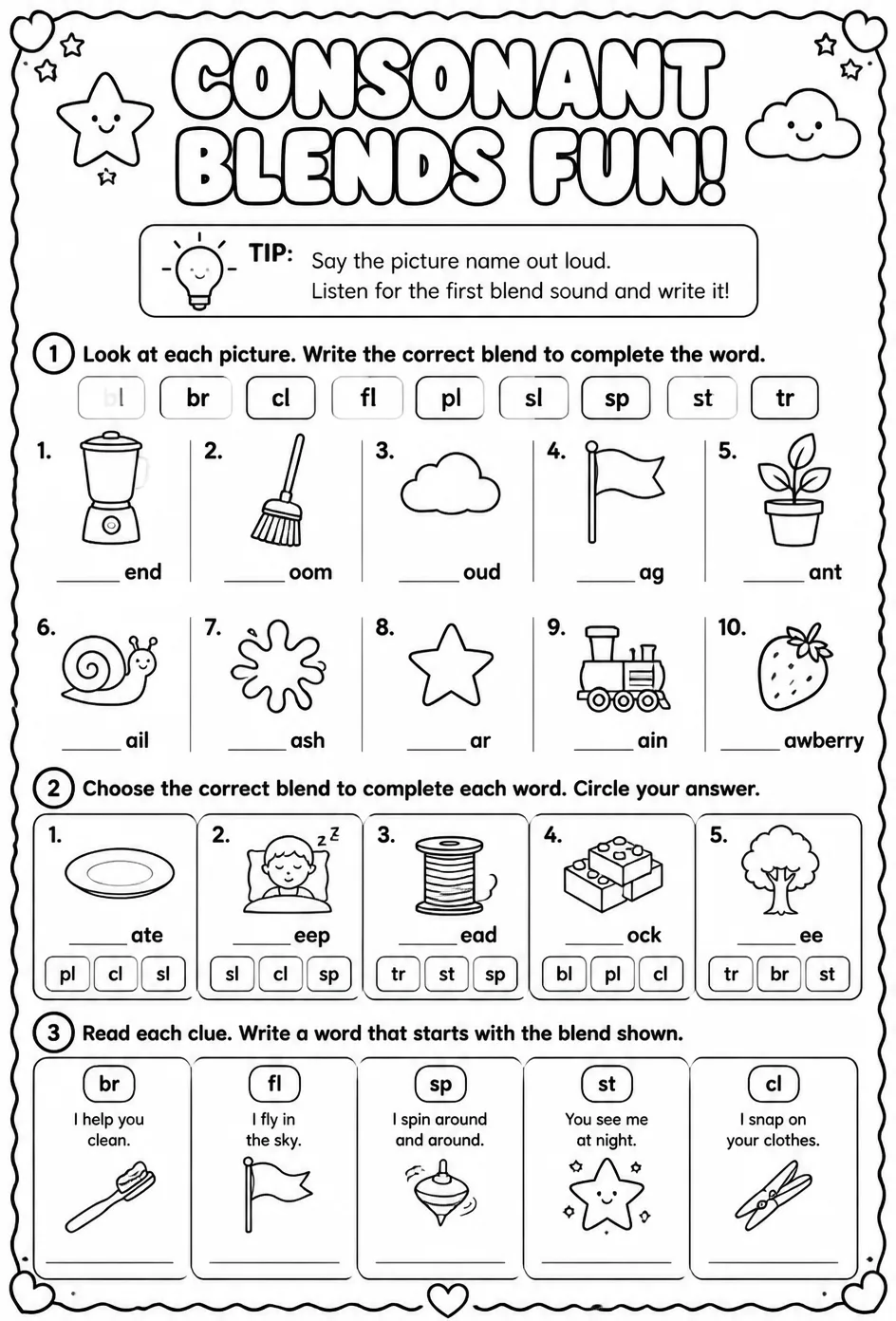 Complete the word with the right initial consonant blend — free printable Reading foundations English worksheet