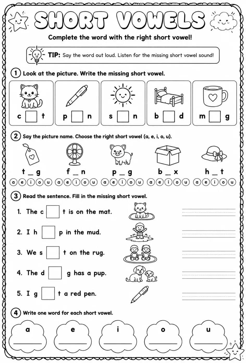 Complete the word with the right short vowel — free printable Reading foundations English worksheet