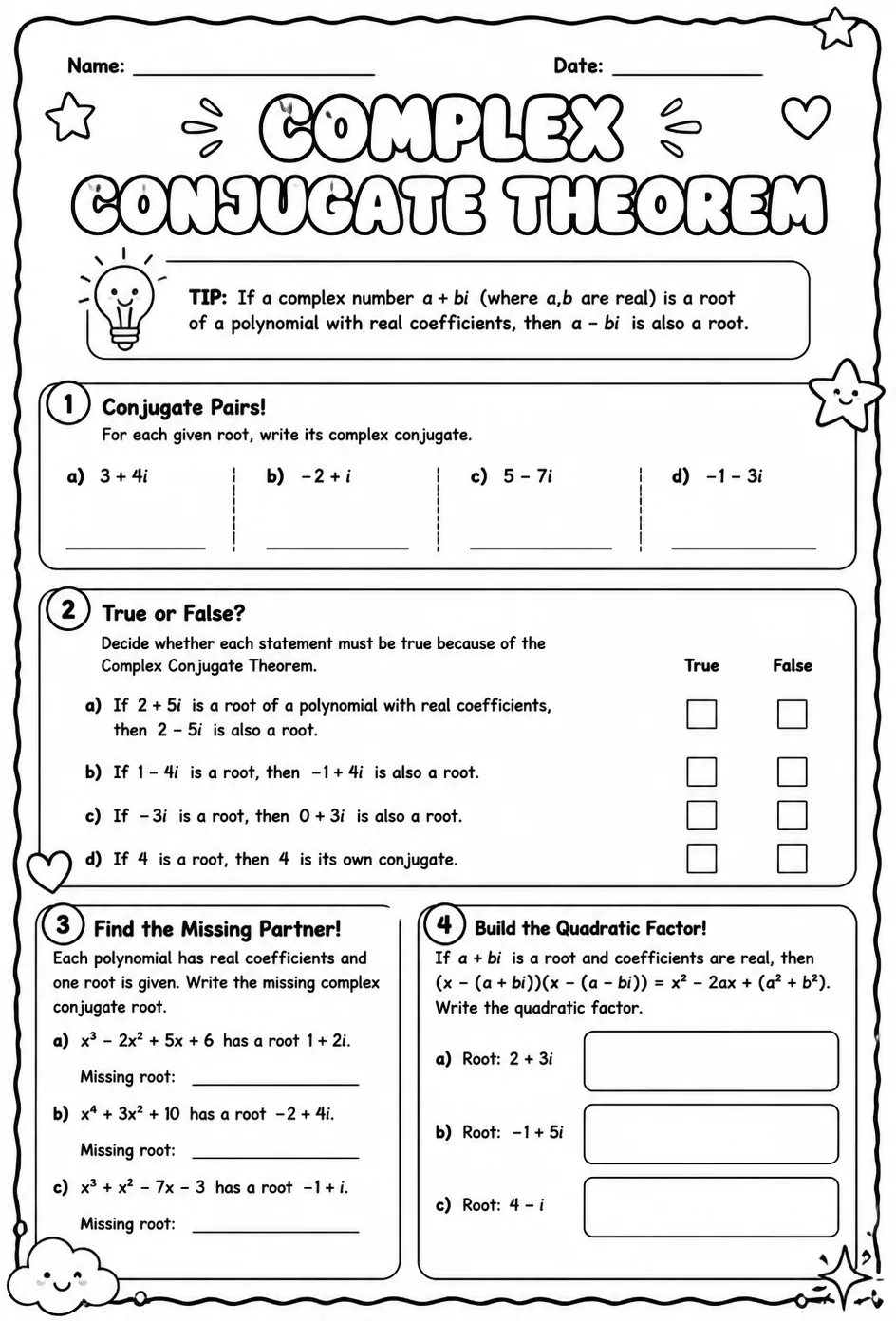 Complex conjugate theorem — free printable Algebra 2 math worksheet