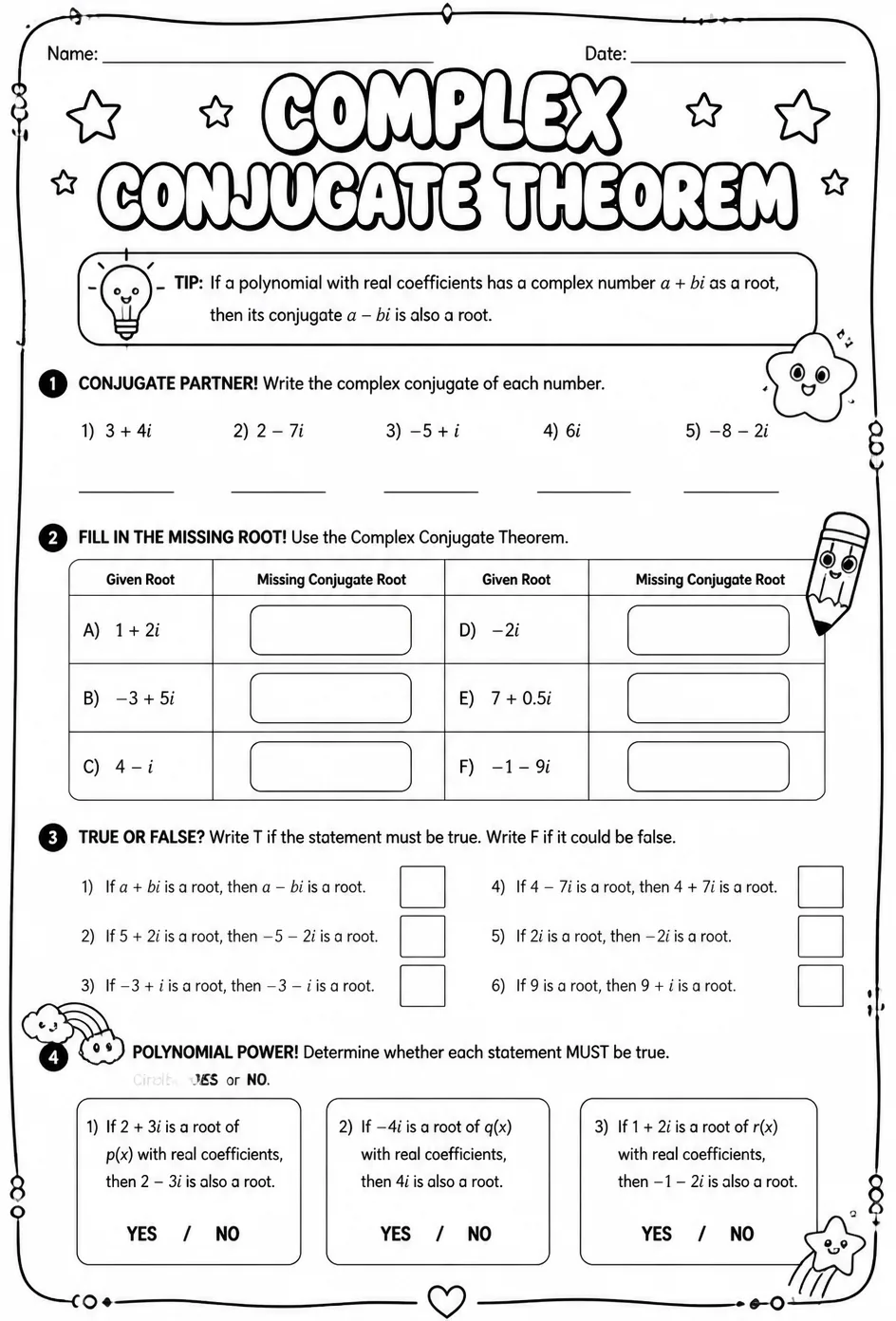 Complex conjugate theorem — free printable Precalculus math worksheet