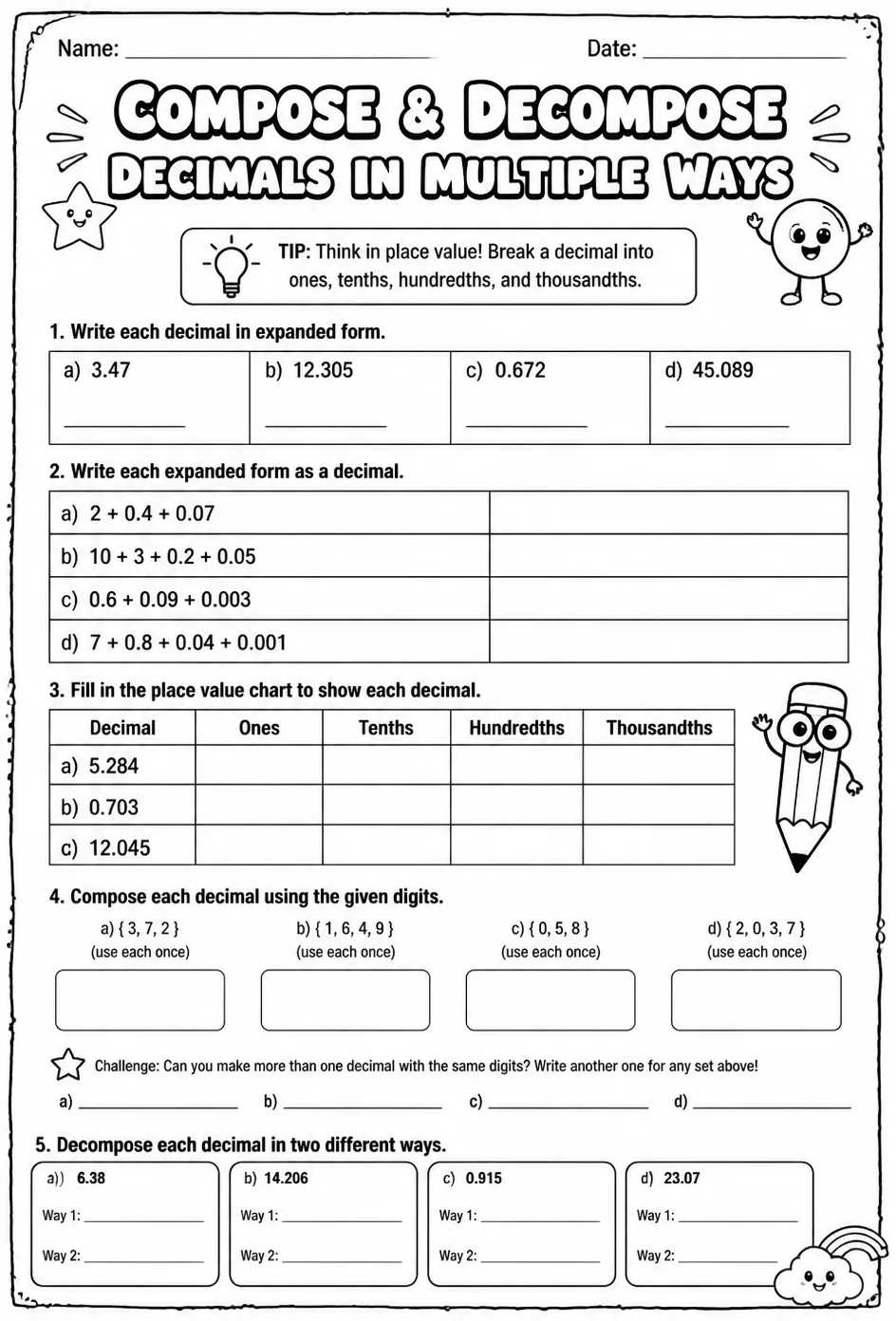 Compose and decompose decimals in multiple ways — free printable Grade 5 math worksheet