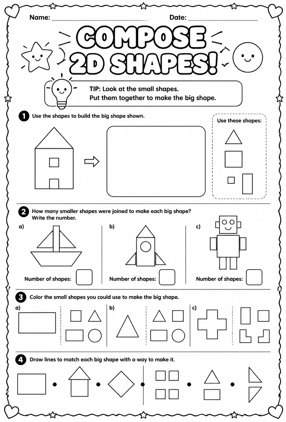 Compose two-dimensional shapes — free printable Grade 1 math worksheet