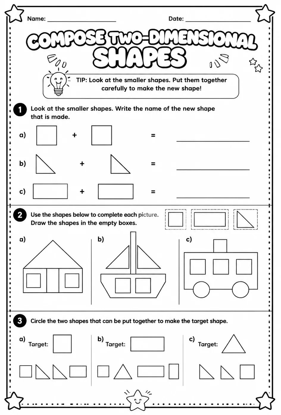 Compose two-dimensional shapes — free printable Grade 2 math worksheet
