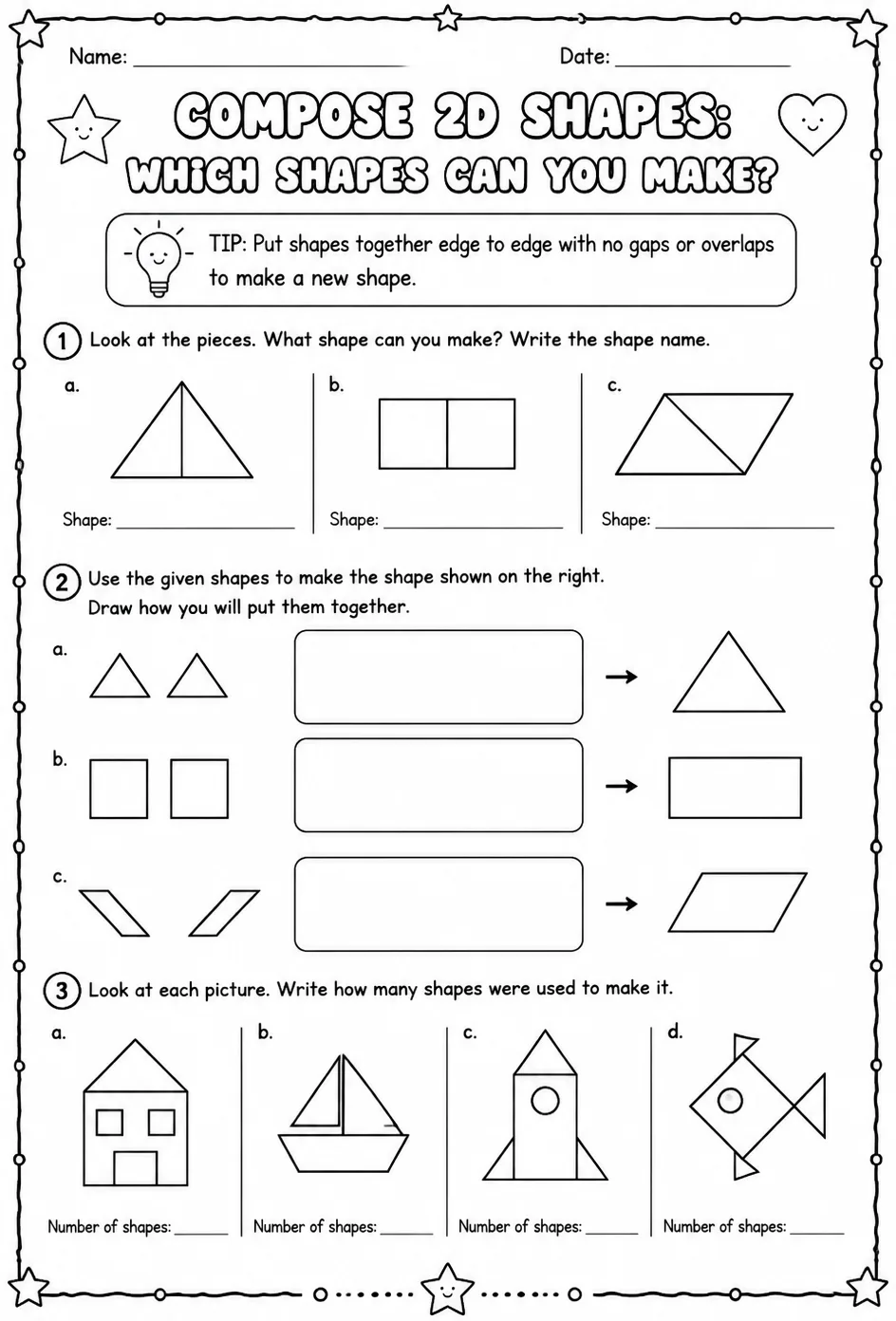 Compose two-dimensional shapes: which shapes can you make? — free printable Grade 1 math worksheet