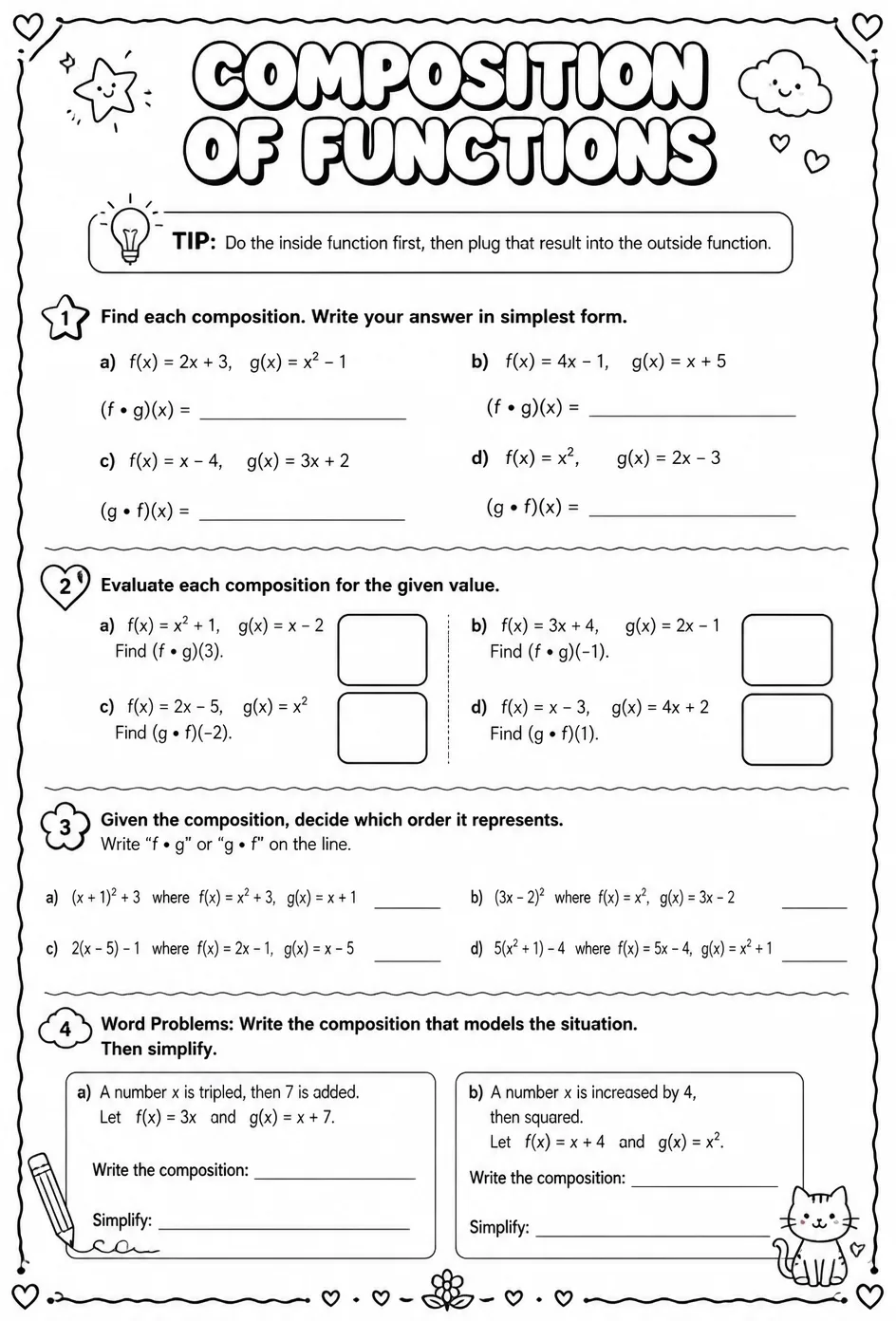 Composition of functions — free printable Precalculus math worksheet