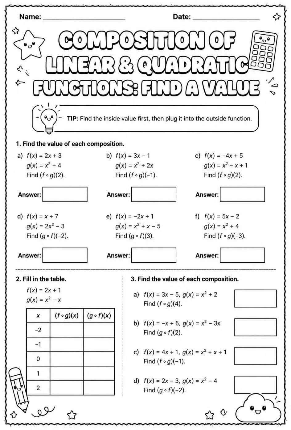 Composition of linear and quadratic functions: find a value — free printable Algebra 2 math worksheet