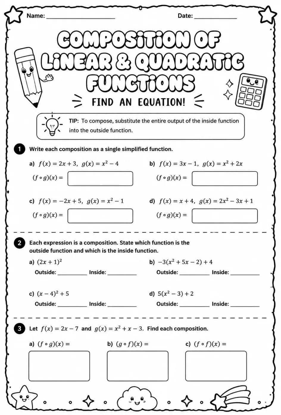 Composition of linear and quadratic functions: find an equation — free printable Algebra 2 math worksheet