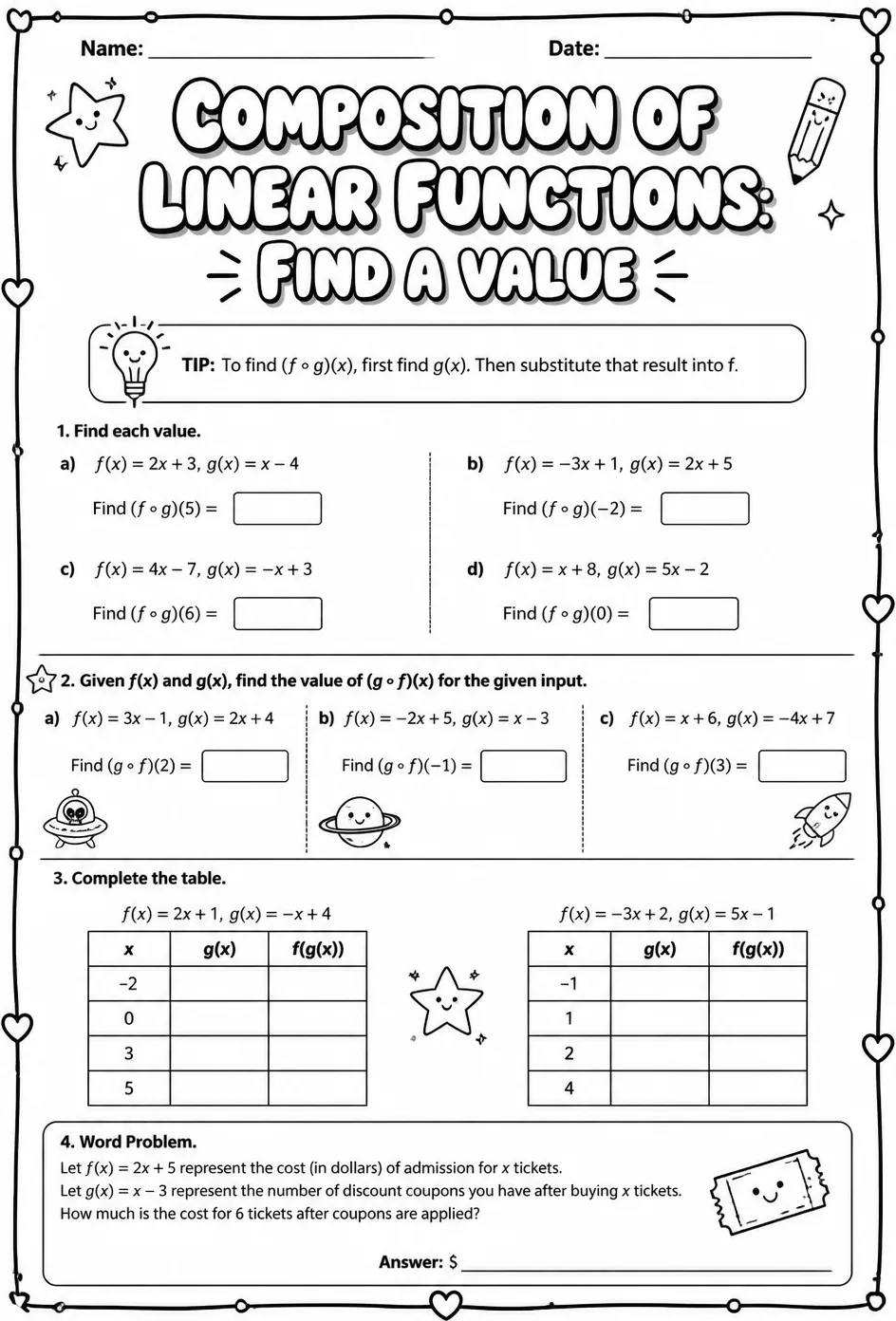 Composition of linear functions: find a value — free printable Algebra 2 math worksheet