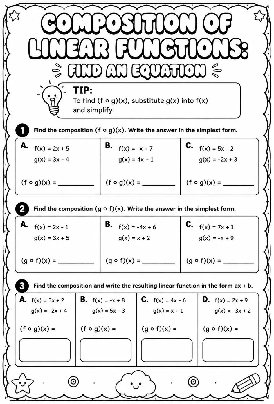 Composition of linear functions: find an equation — free printable Algebra 2 math worksheet