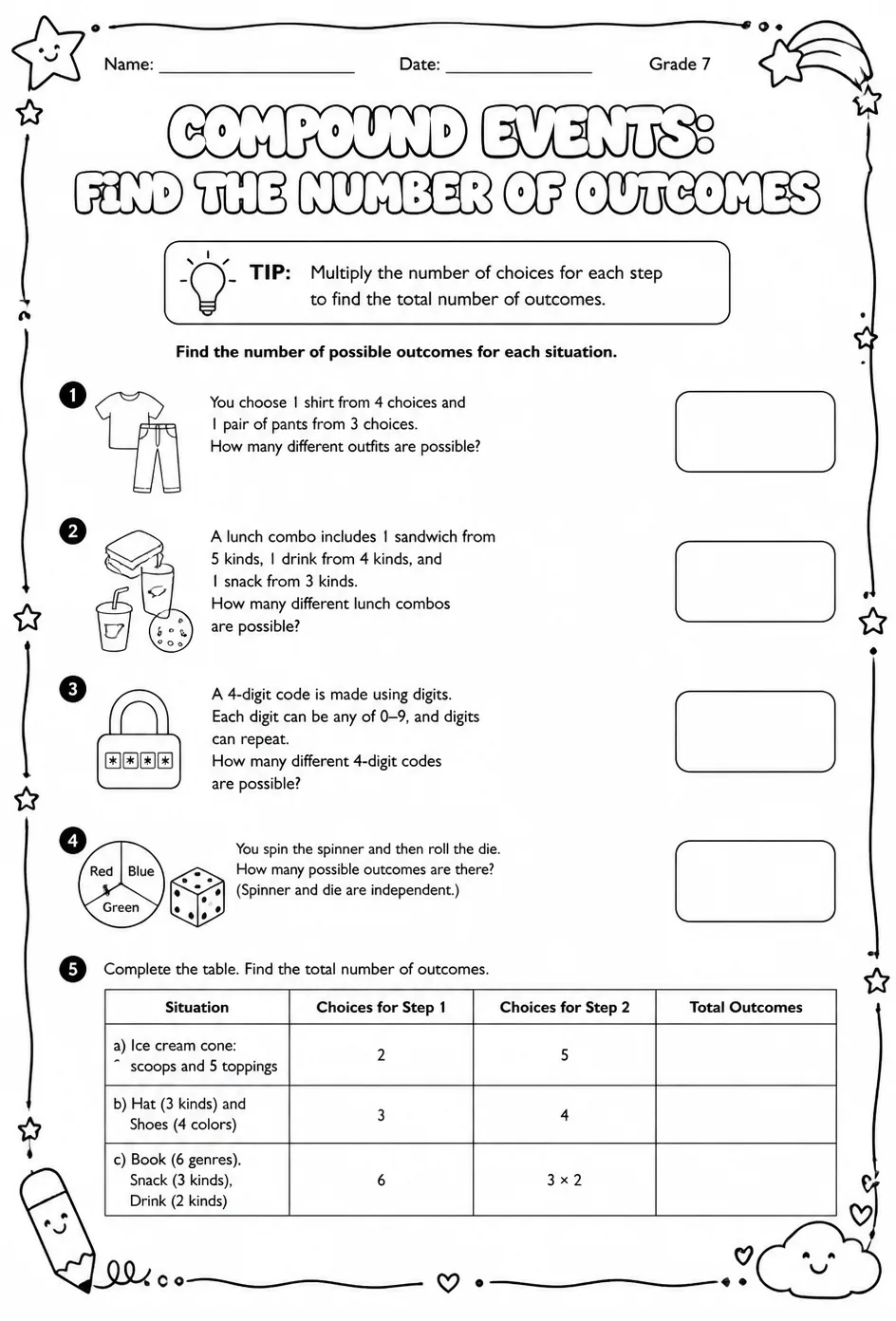 Compound events: find the number of outcomes — free printable Grade 7 math worksheet