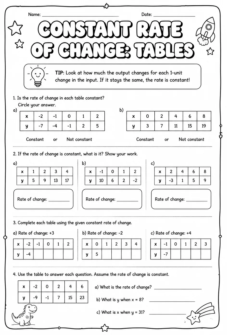 Constant rate of change: tables — free printable Grade 7 math worksheet
