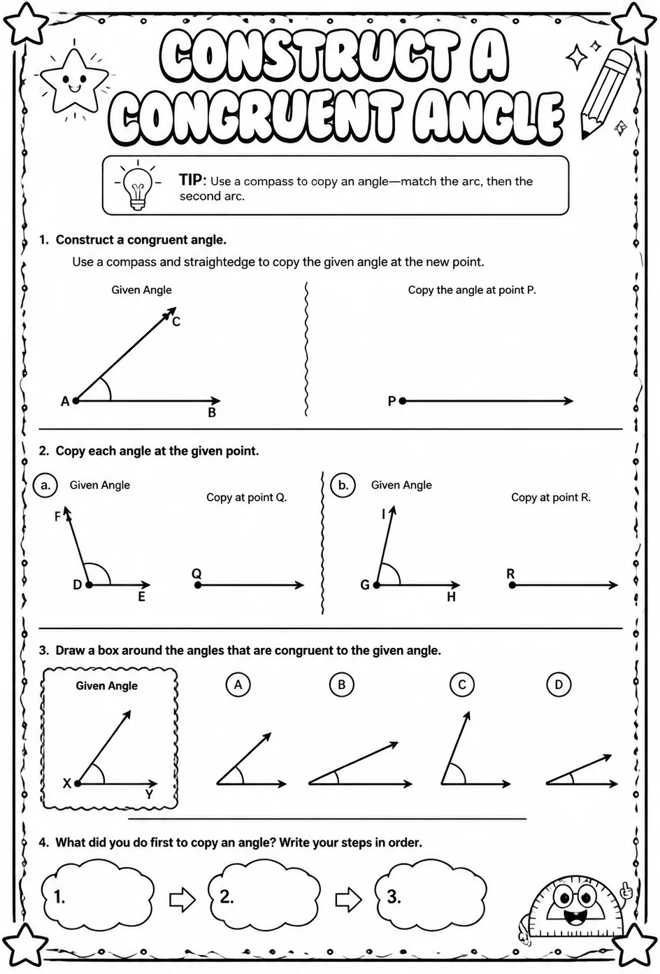 Construct a congruent angle — free printable Geometry math worksheet