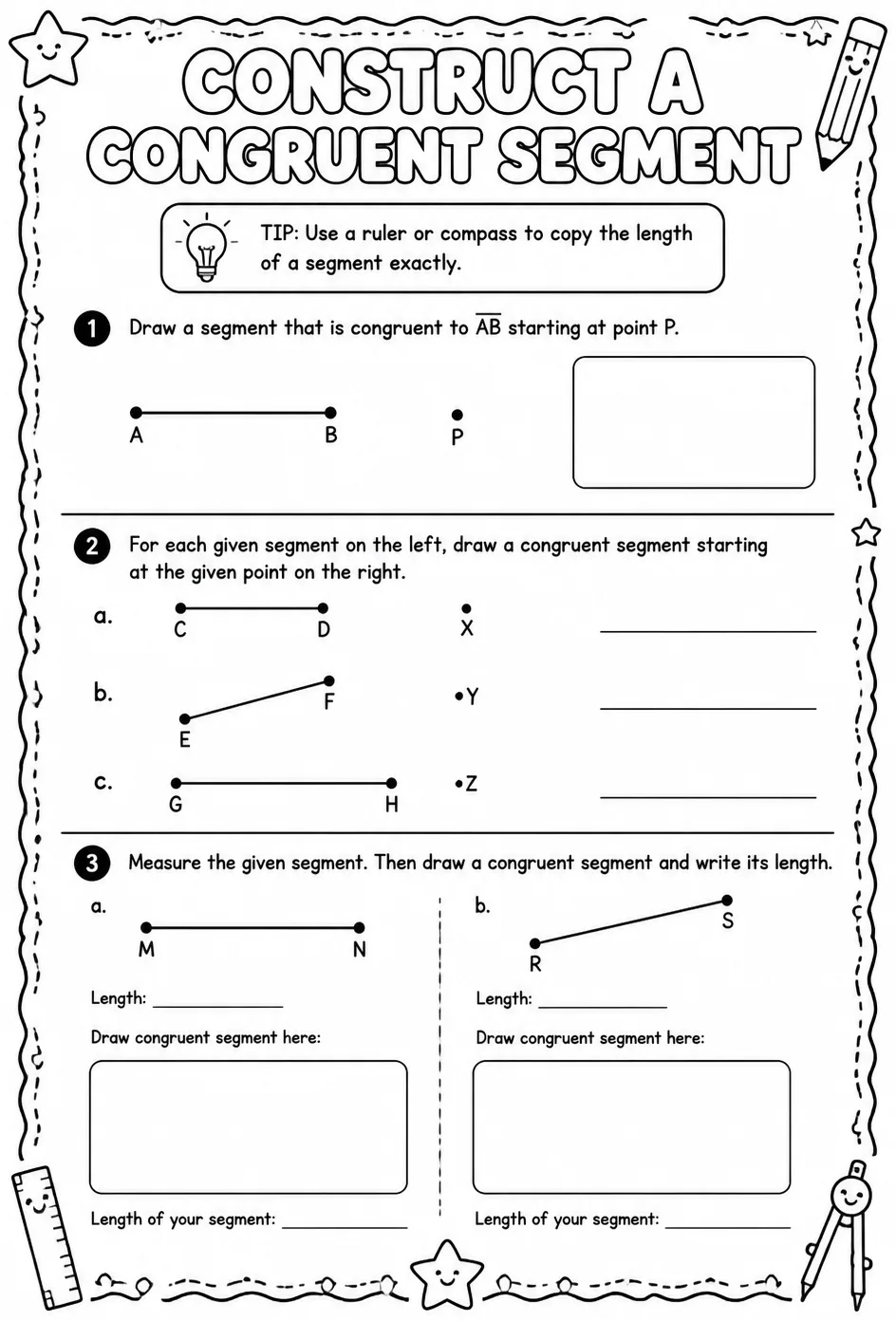 Construct a congruent segment — free printable Geometry math worksheet